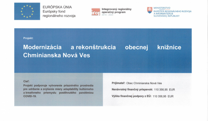 Fotka - Modernizácia a rekonštrukcia obecnej knižnice Chminianska Nová Ves